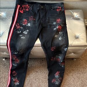 Floral Black and Red Skinny Jeans